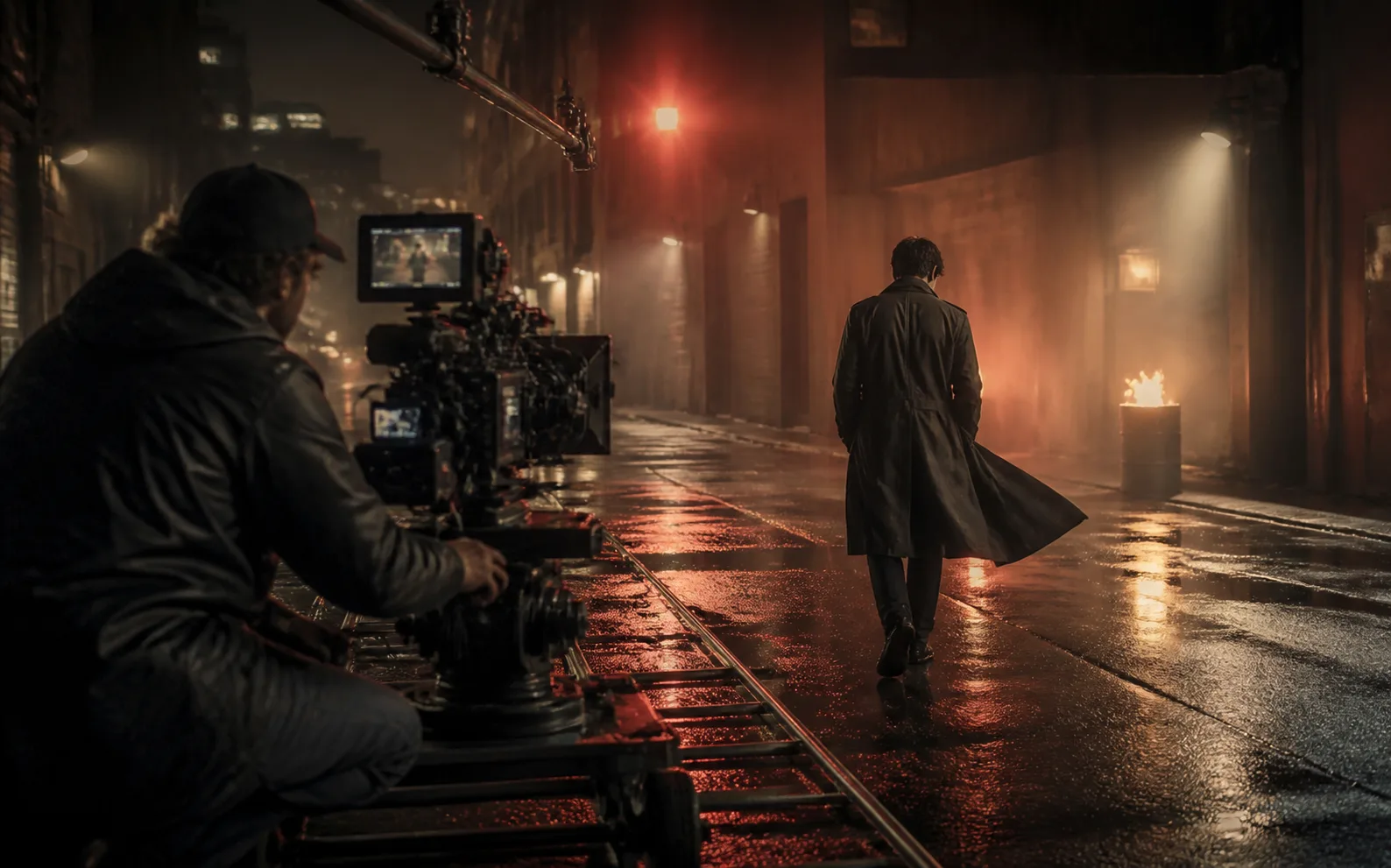 A camera crew filming a directed night scene on a wet city set